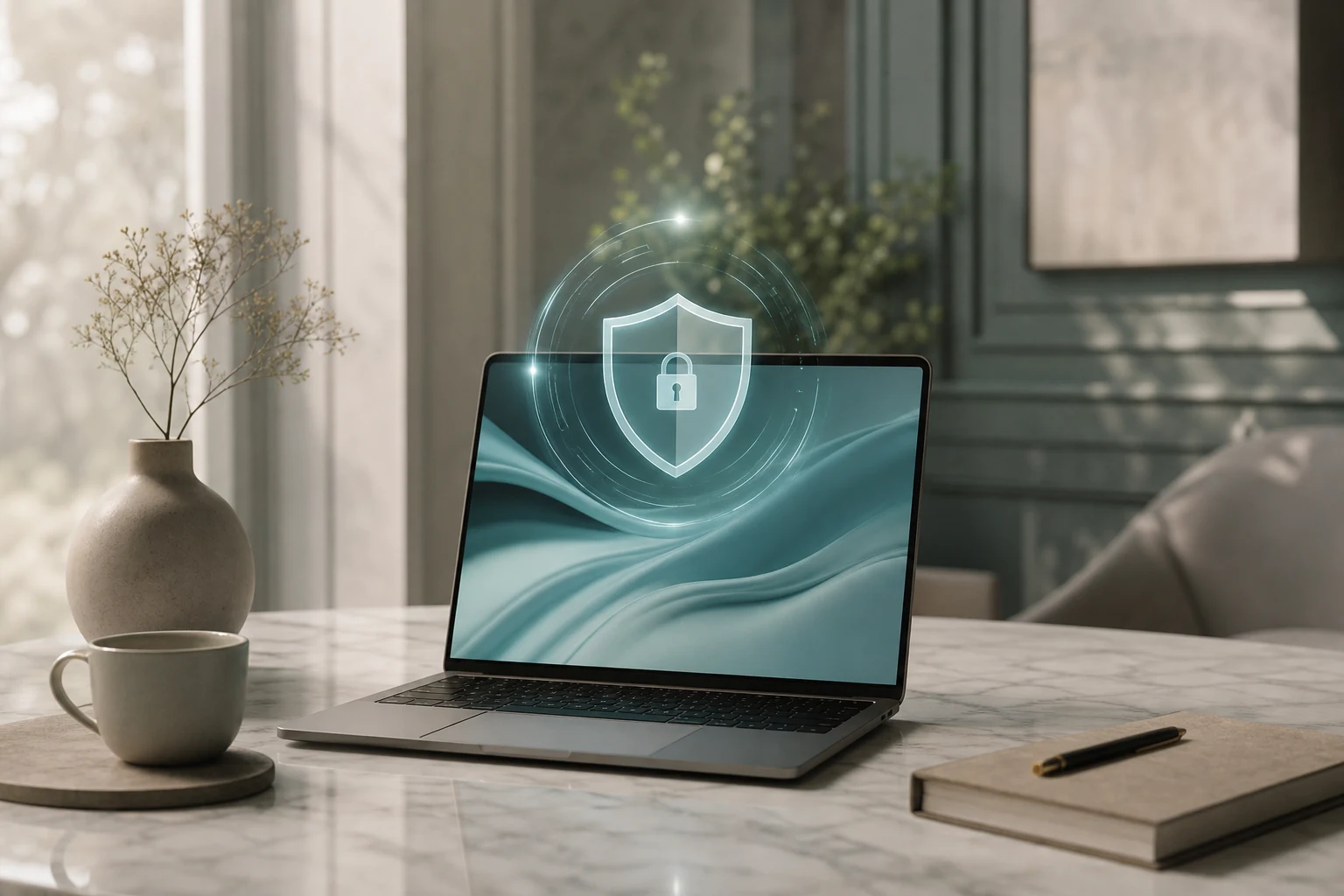Postazione di lavoro con luce naturale e metafora visiva di protezione digitale